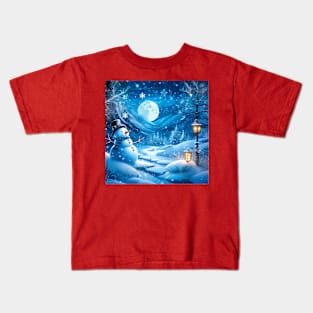 Winter Fairy Tale: Snowman Wizard in the Forest with Snowflakes Kids T-Shirt